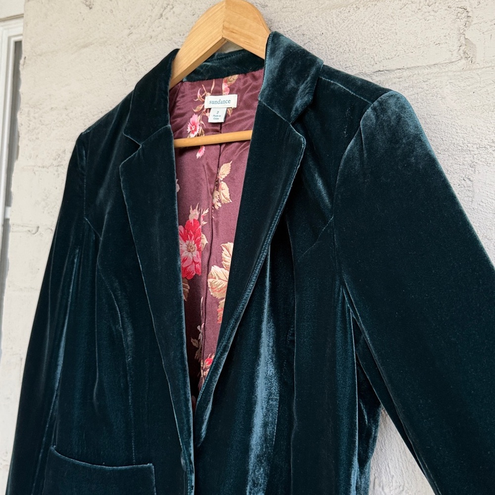 Sundance Beau Green Velvet Silk Blend Lined Floral Blazer Size 2 - Picture 5 of 12
